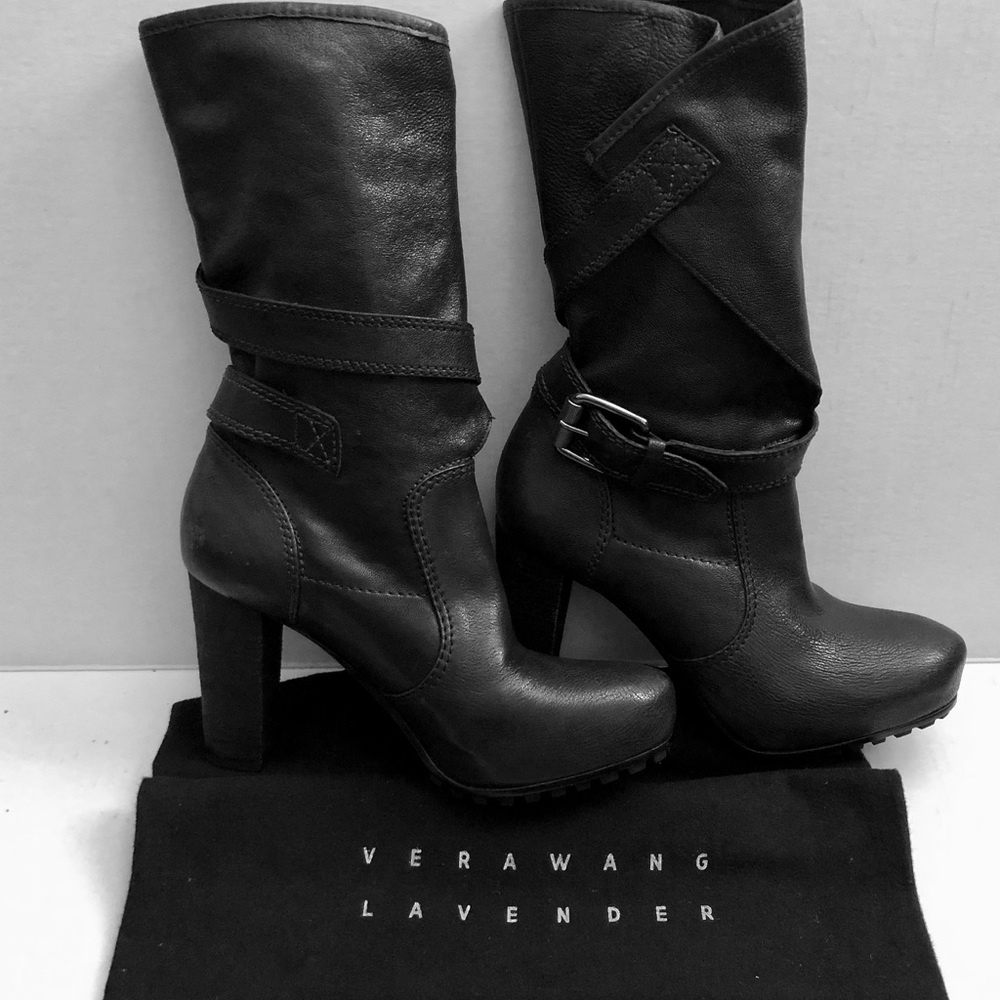 New Vera Wang Lavender Black Leather Wrap Buckle Platform Boots